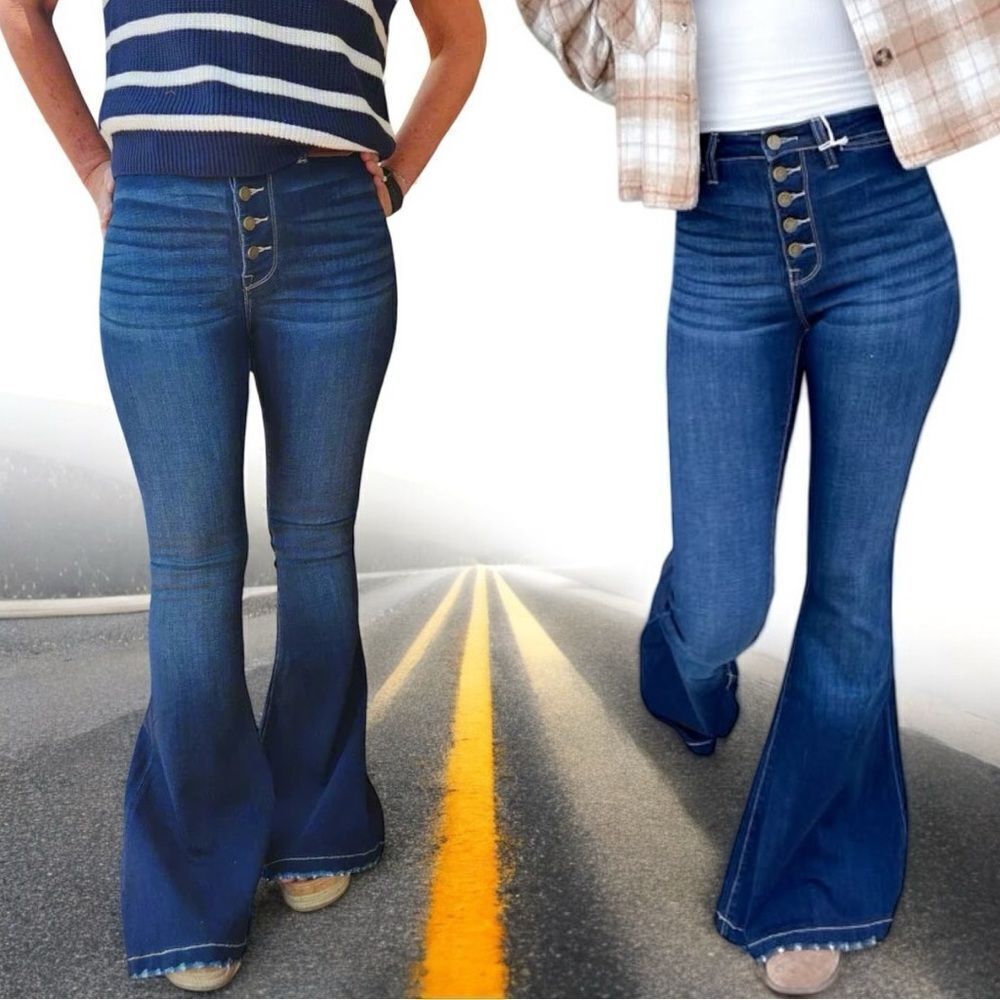 High Rise Button Fly Flare Jeans | Stretch Boutique Denim | Mid Wash | L&B | NWT - Picture 4 of 12